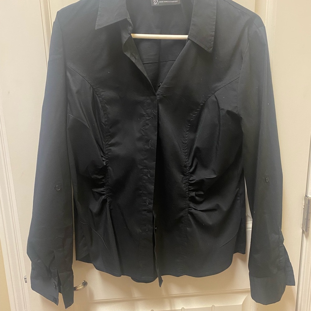 New York & Company Size L Lg sleeve-button down shirts-Royal/Emerald green/Black - Picture 2 of 13